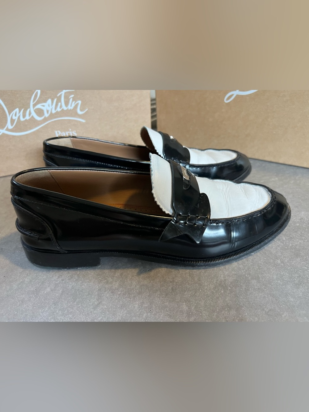Christian Louboutin Black and White Leather Penny Loafers